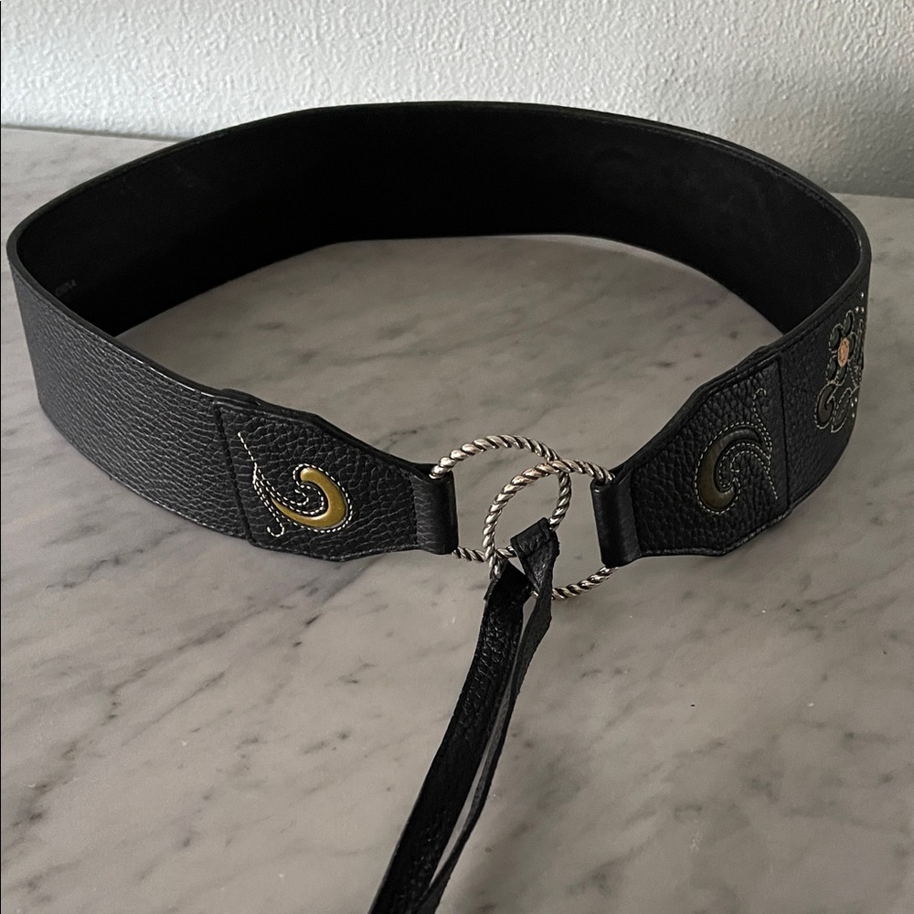 Brighton Black Waist Belt with Gold Embroidery Sz L-34